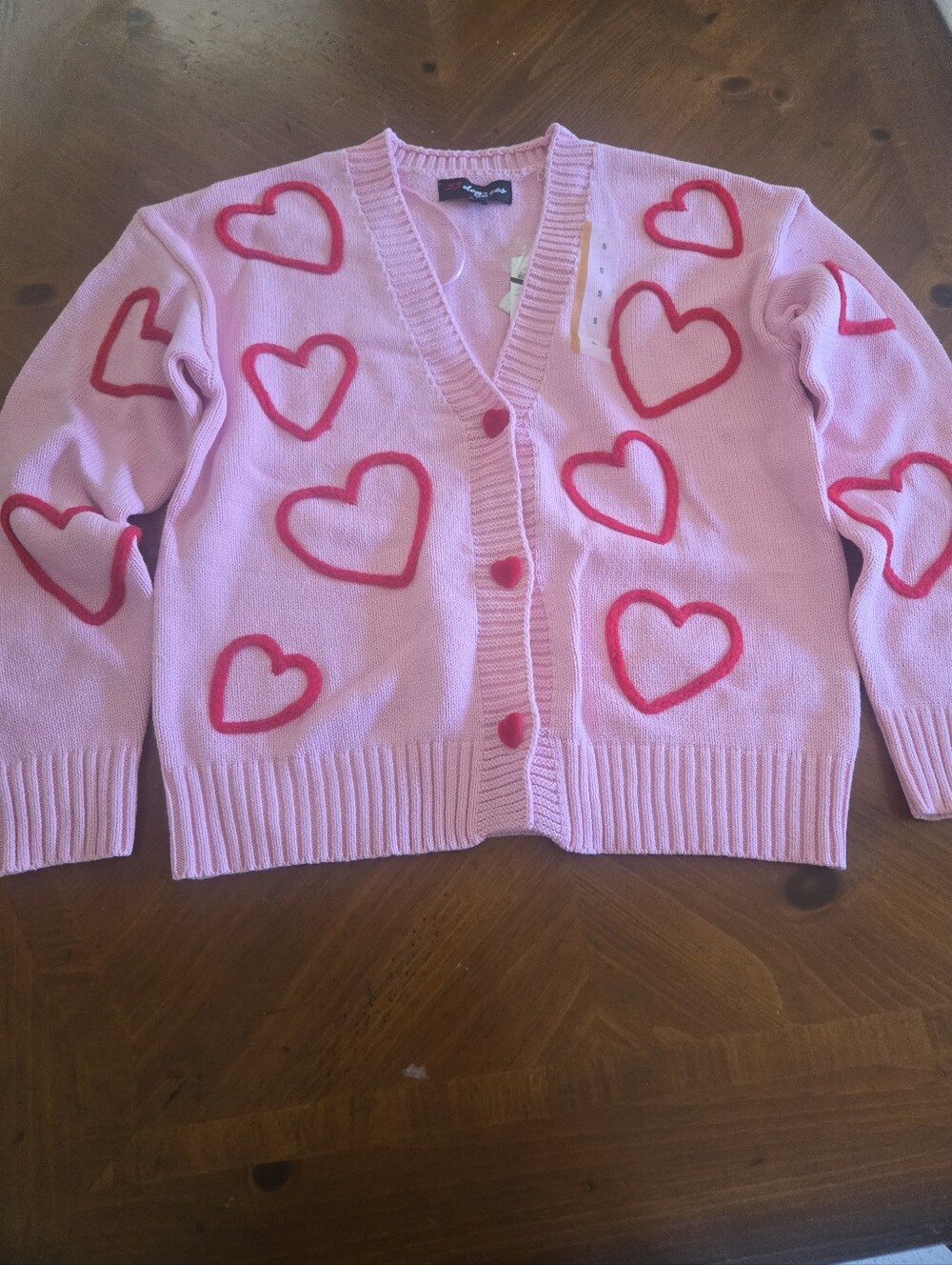 33 Degrees Pink Heart Cardigan Sweater Size S